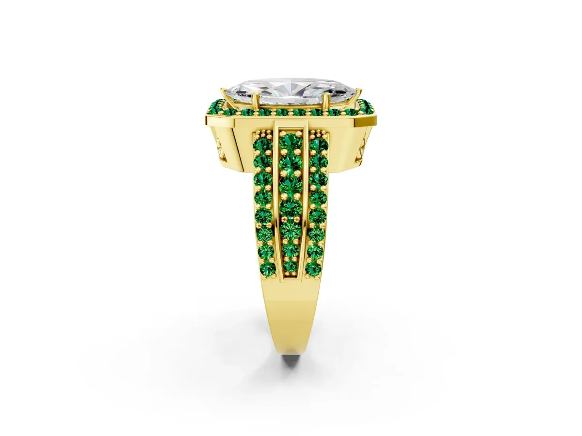 Marquise Cut Halo Diamond Ring with Round Emerald Split Shank and Prong Setting Yellow gold
