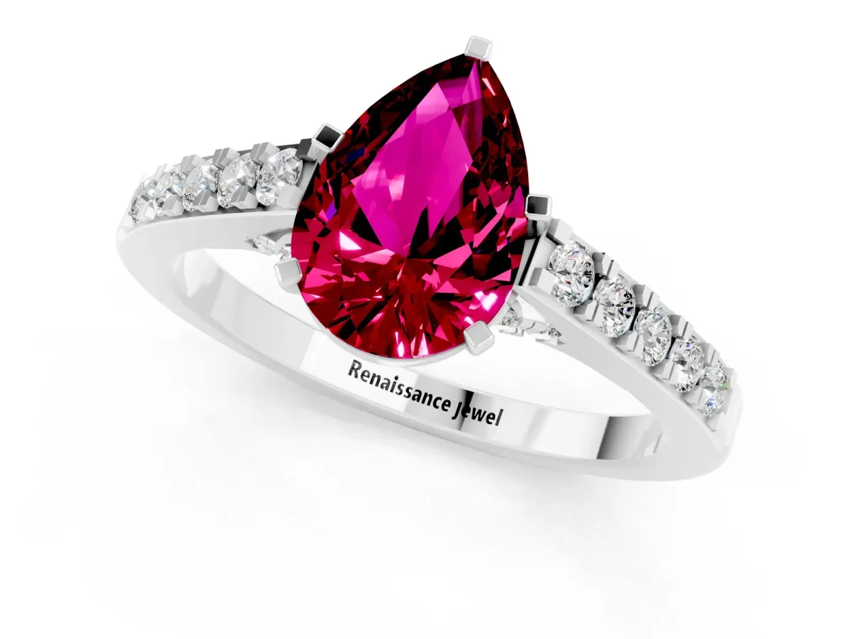 Pear Cut Garnet Solitaire Ring with Crossover Gallery and Round Pavé Band Platinum