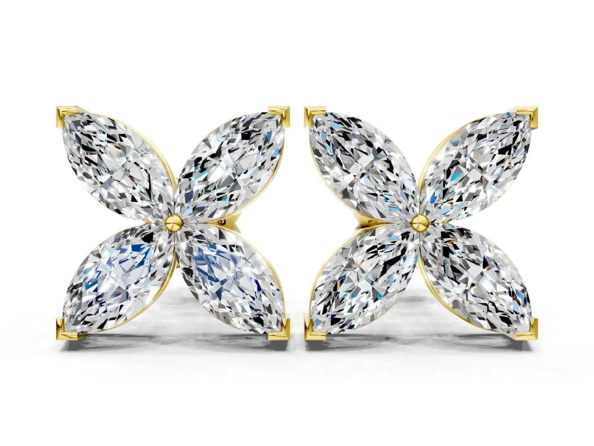 Marquise Cut Diamond Flower Stud Earrings Yellow gold