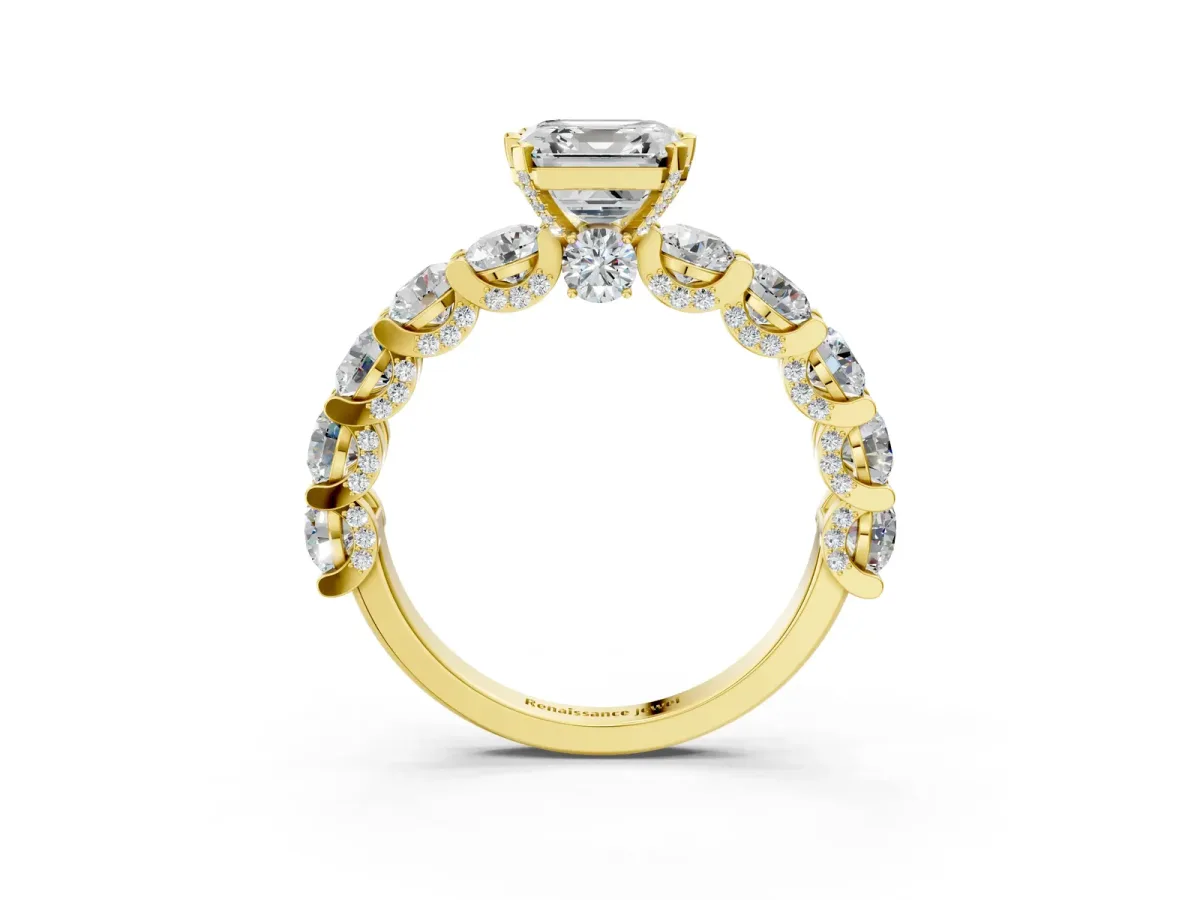 Asscher Cut Diamond Side Stone Engagement Ring with Four-Prong Setting Yellow gold