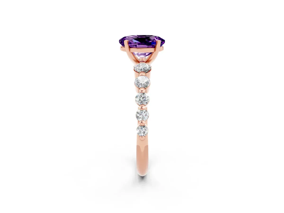 Oval Cut Solitaire Amethyst Ring with Pave Band and Four-Prong Setting Rose gold