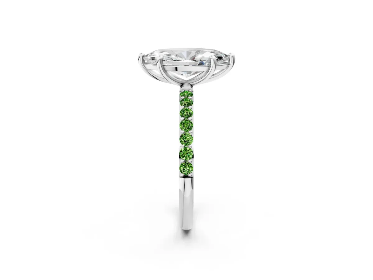 Marquise Cut Diamond Solitaire Ring with Round Peridot Pavé Band and Prong Setting Silver