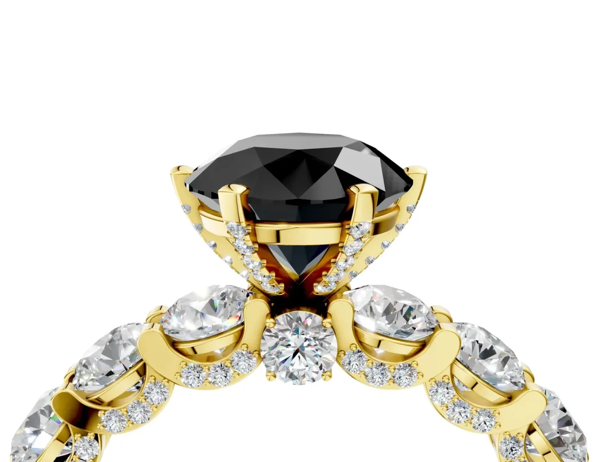 Fancy Black Round Cut Diamond Side Stone Engagement Ring with Four-Prong Setting Yellow gold