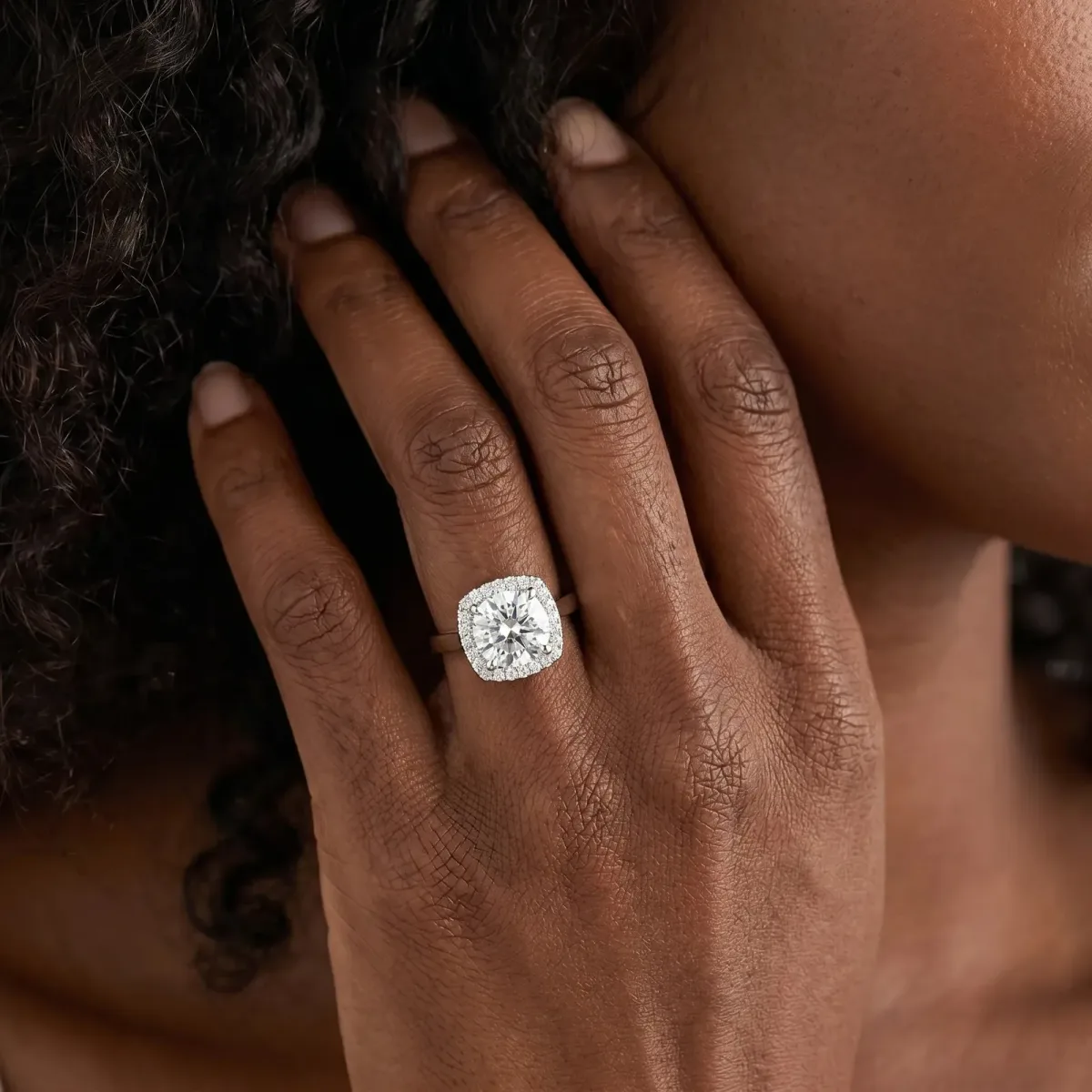 Cushion Cut Halo Solitaire Engagement Ring with Round Diamond and Four-Prong Setting Silver