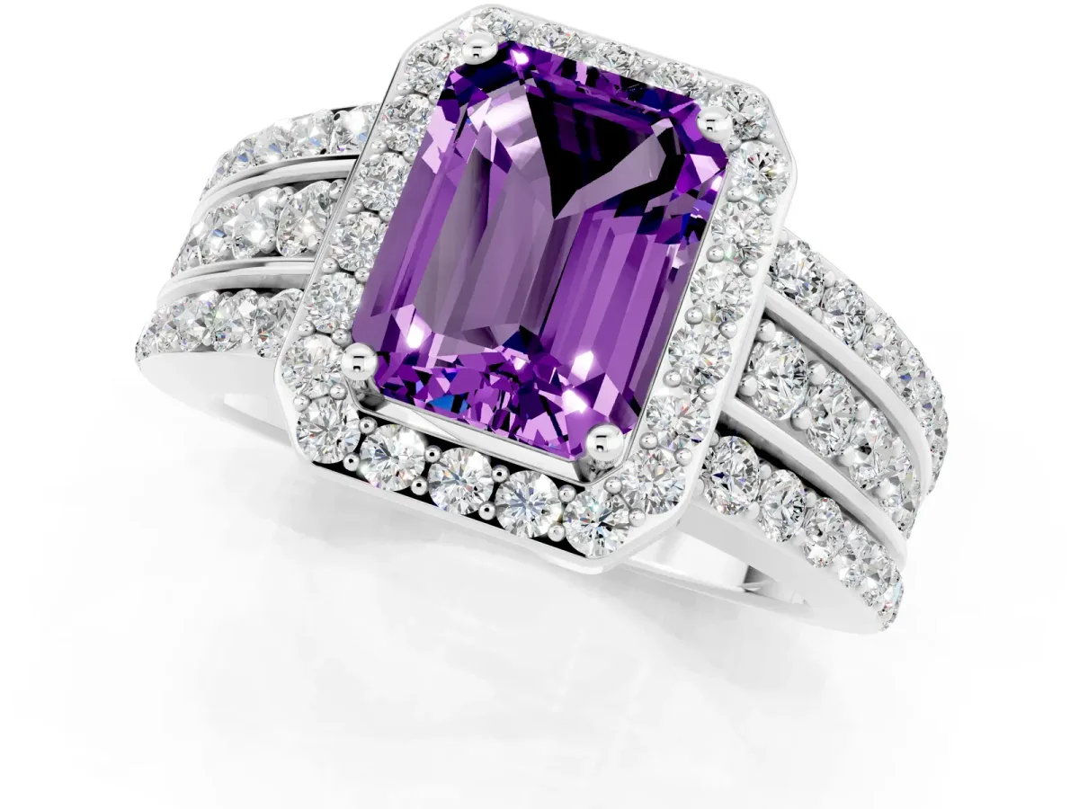 Emerald Cut Halo Amethyst Ring with Round Split Shank and Prong Setting Silver
