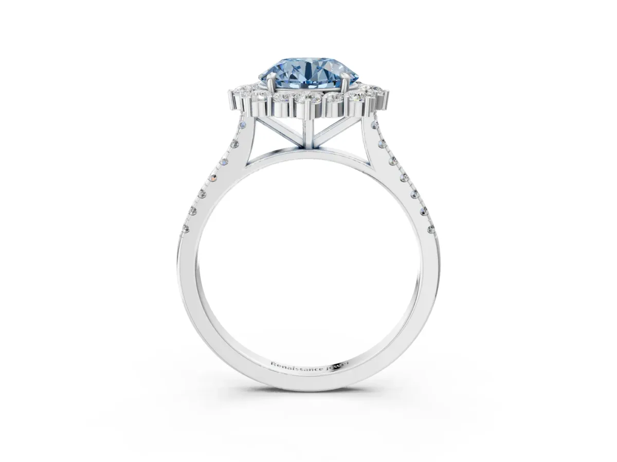 Fancy Blue Round Cut Halo Diamond Ring with Pavé Band and Prong Setting Silver