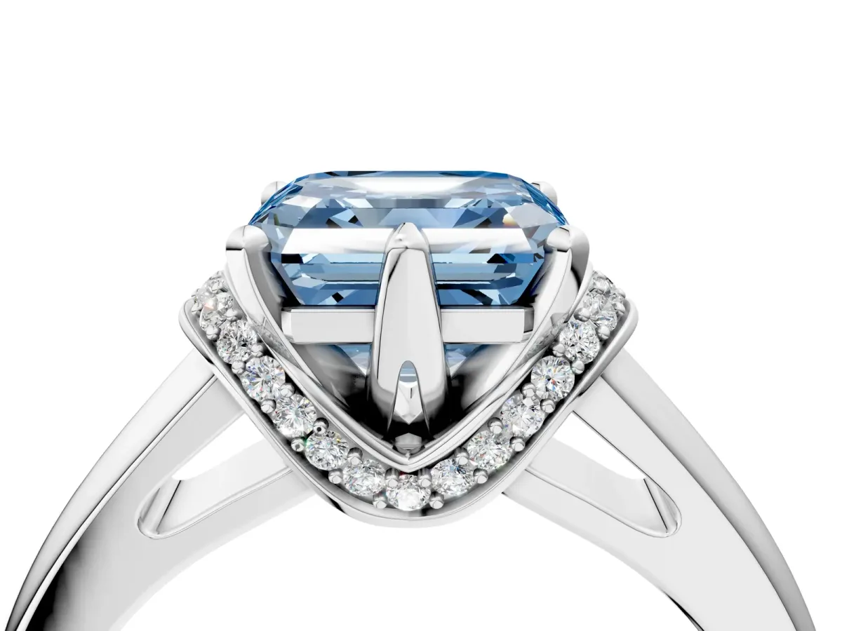 Fancy Blue Asscher Cut Solitaire Diamond Ring with Pave Band and Six-Prong Setting White gold