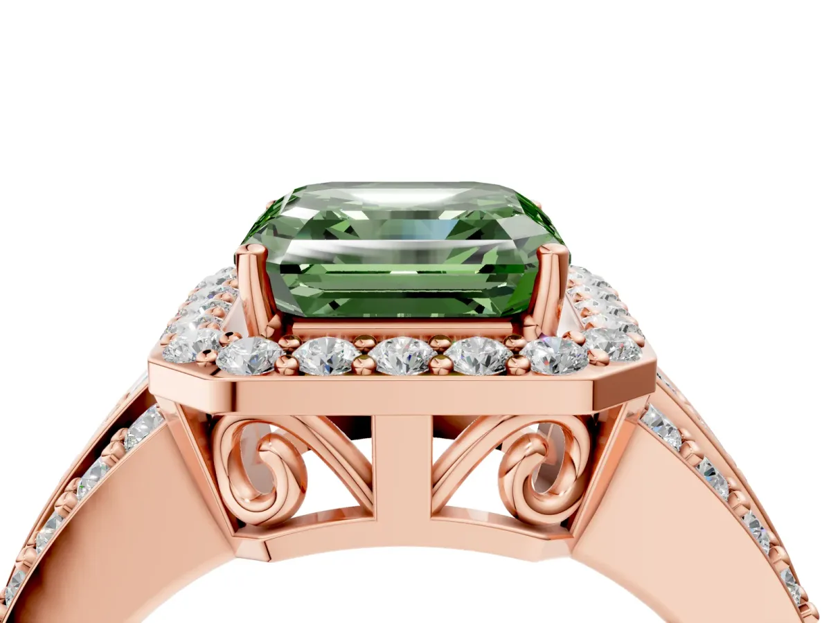 Fancy Green Asscher Cut Halo Diamond Ring with Round Split Shank and Prong Setting Rose gold