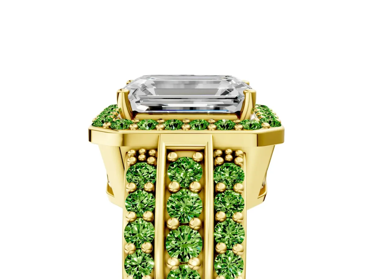 Emerald Cut Halo Diamond Ring with Round Peridot Split Shank and Prong Setting Yellow gold