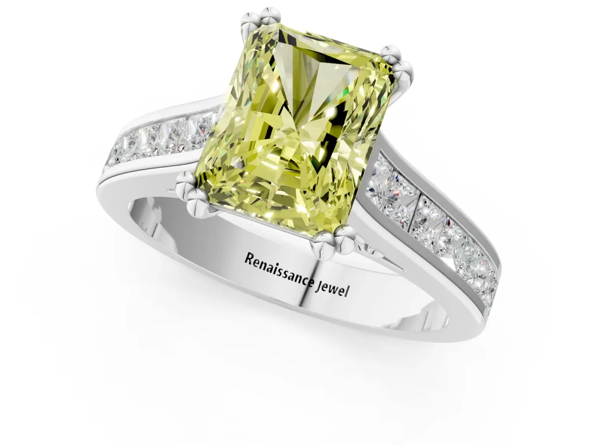 Fancy Yellow Radiant Cut Cut Channel Set Solitaire Engagement Ring with Prong Setting Platinum