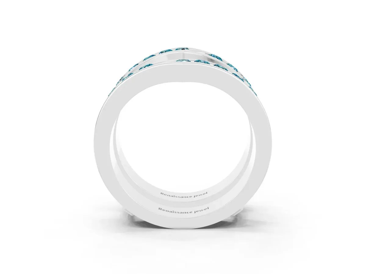 Round Blue Topaz Channel-Set Chevron Band Silver