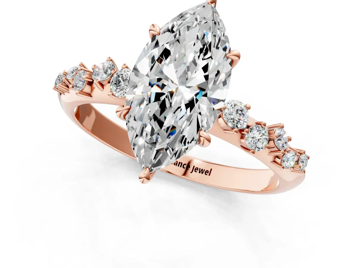 Marquise Cut Diamond Cluster Side Stone Solitaire Ring with Prong Setting Rose gold