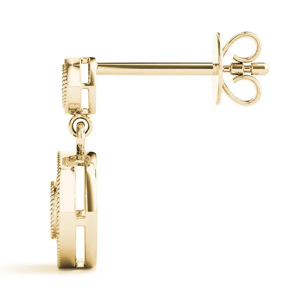 Round Halo Diamond Drop Earrings with Milgrain Bezel Setting Yellow gold