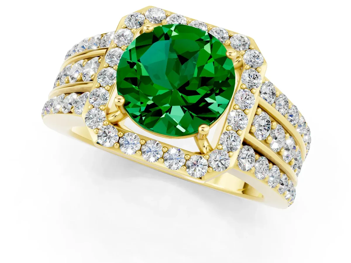 Round Cut Halo Emerald Ring with Round Split Shank and Prong Setting Yellow gold