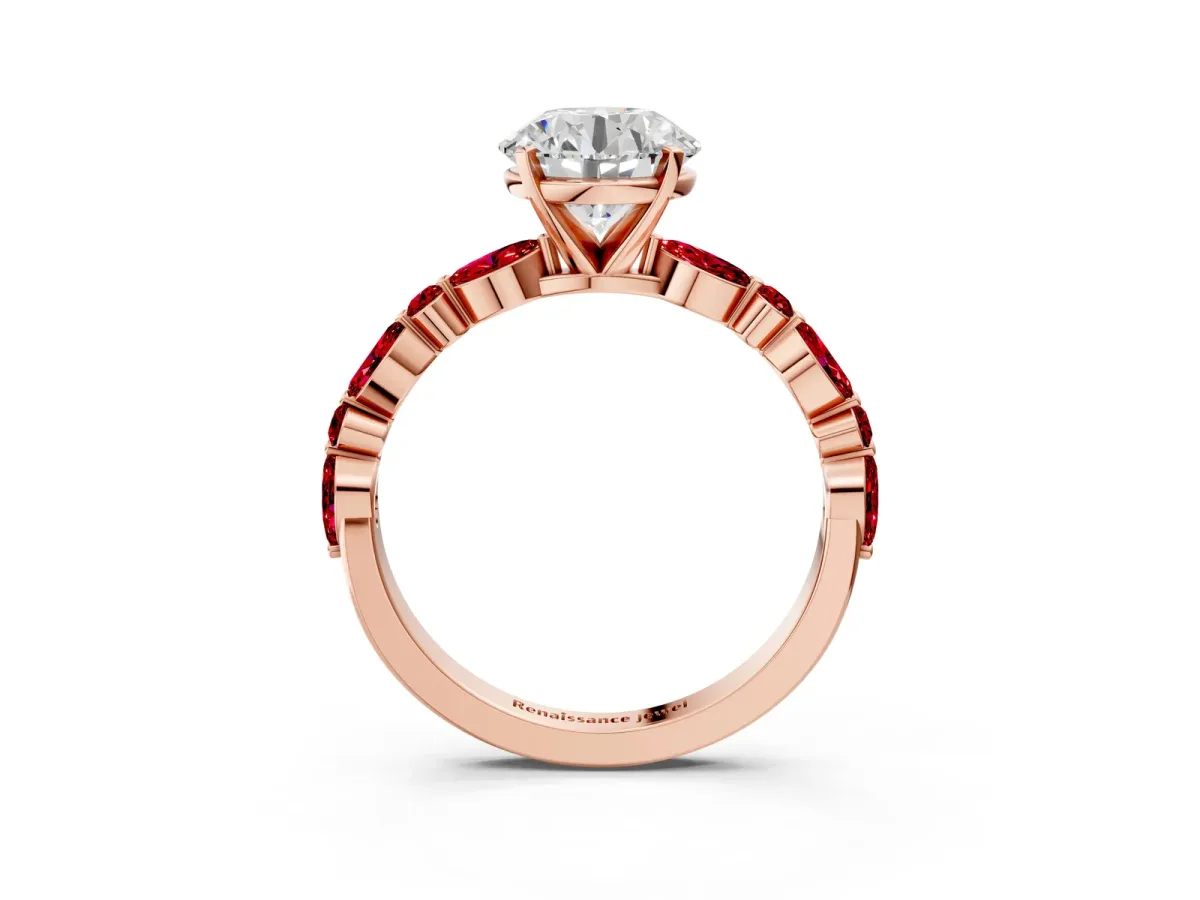 Round Cut Diamond Ring with Marquise and Round Ruby Side Stones and Four-Prong Setting Rose gold