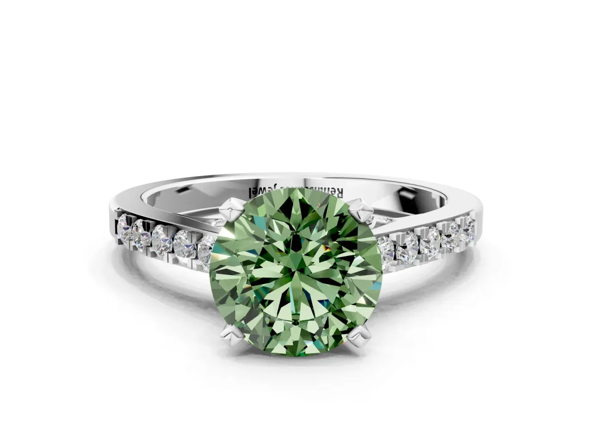 Fancy Green Round Cut Diamond Solitaire Ring with Crossover Gallery and Round Pavé Band Silver