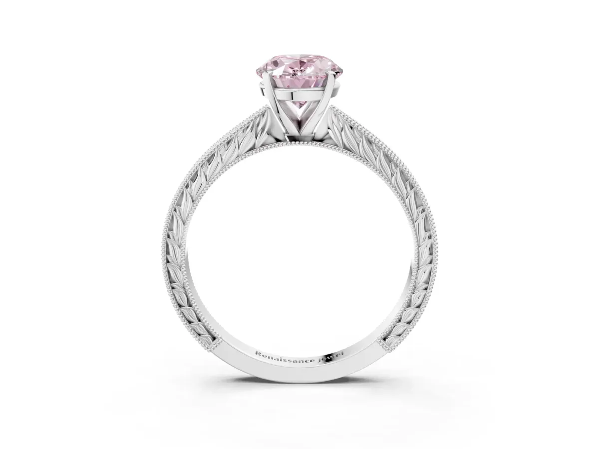 Fancy Pink Oval Cut Solitaire Milgrain Engraved Band with Four-Prong Setting White gold