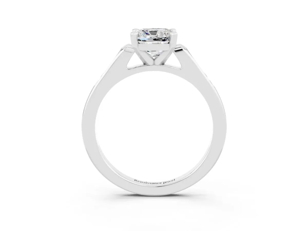 Cushion Cut Moissanite Solitaire Ring with Channel Set Round Band and Prong Setting Silver