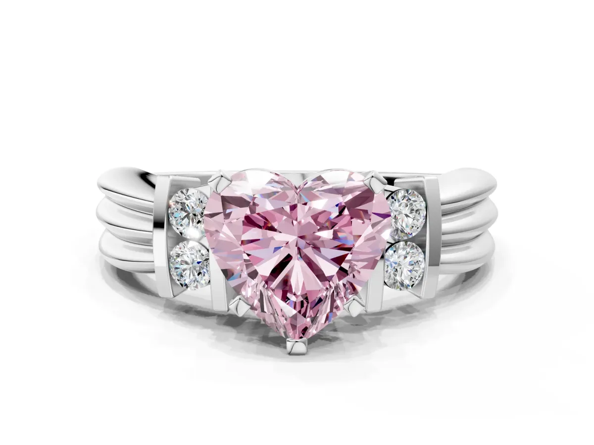 Fancy Pink Heart Cut Cut Three-Stone Channel Set Ring with Bar Prongs Platinum