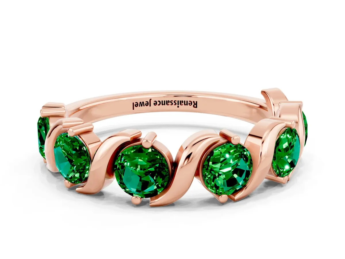 Six-Stone Round Emerald Wave Band with Shared Prong Setting Rose gold