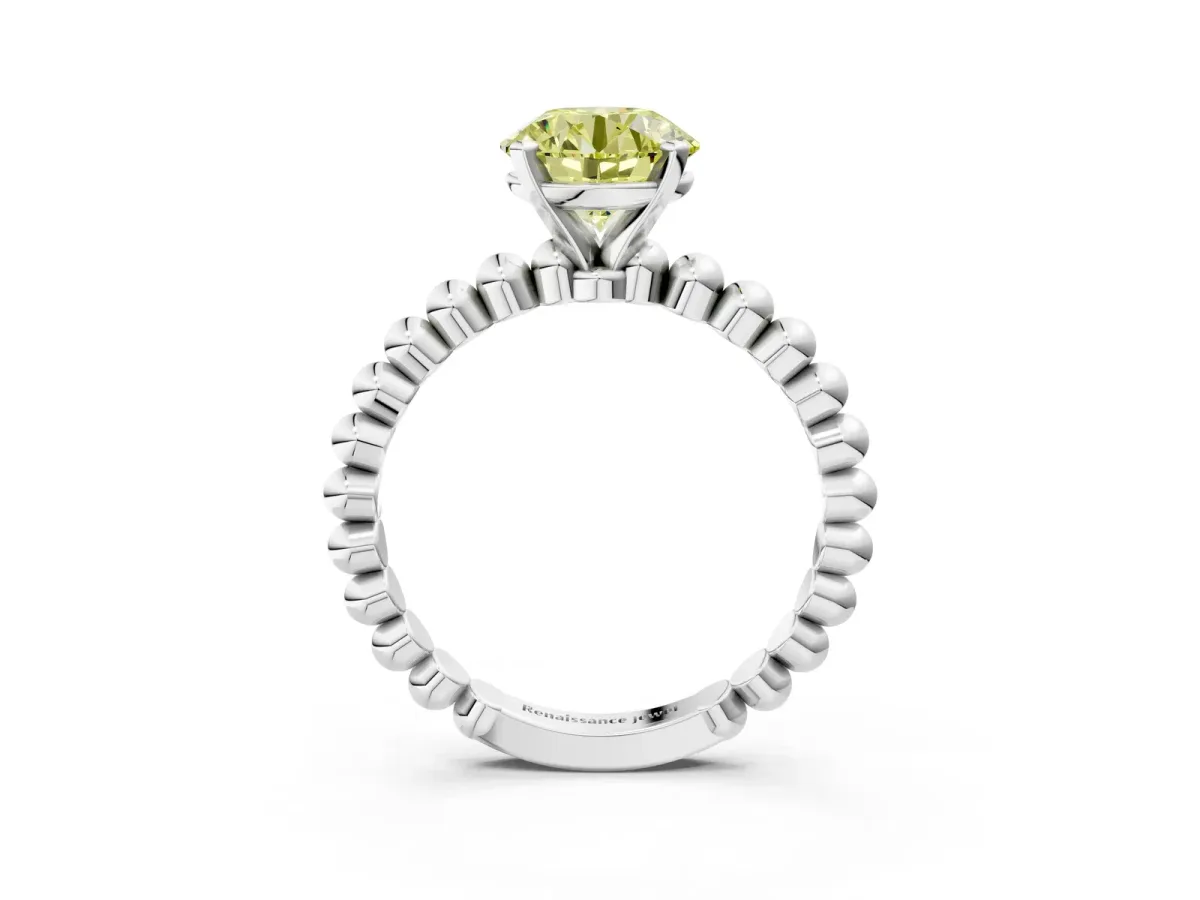 Fancy Yellow Round Cut Diamond Solitaire Ring with Beaded Band and Prong Setting Platinum