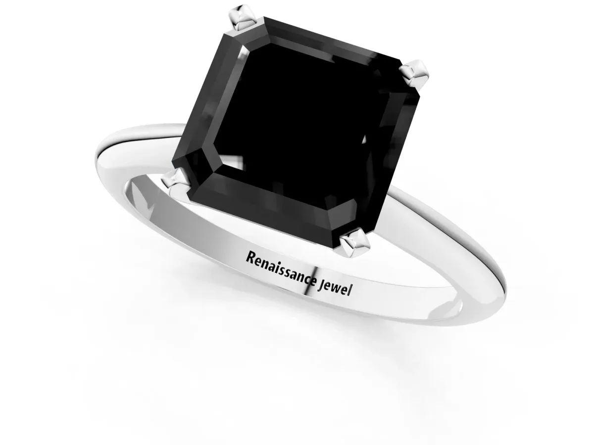 Fancy Black Asscher Cut Diamond Solitaire Engagement Ring with Classic Band and Four-Prong Setting Silver