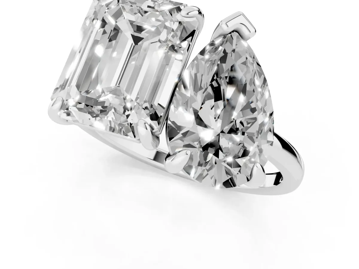 Pear and Emerald Toi Moi Ring with Prong Setting and Plain Band Platinum