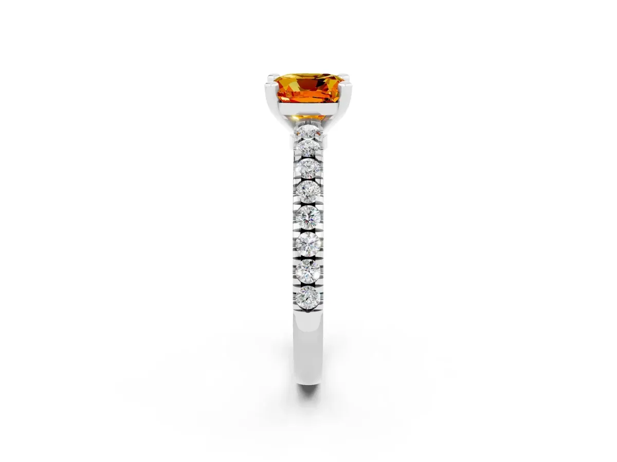 Cushion Cut Solitaire Citrine with Pavé Band and Four-Prong Setting Silver