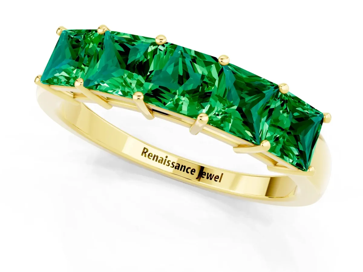 Princess Cut Five-Stone Emerald Band with Prong Setting Yellow gold