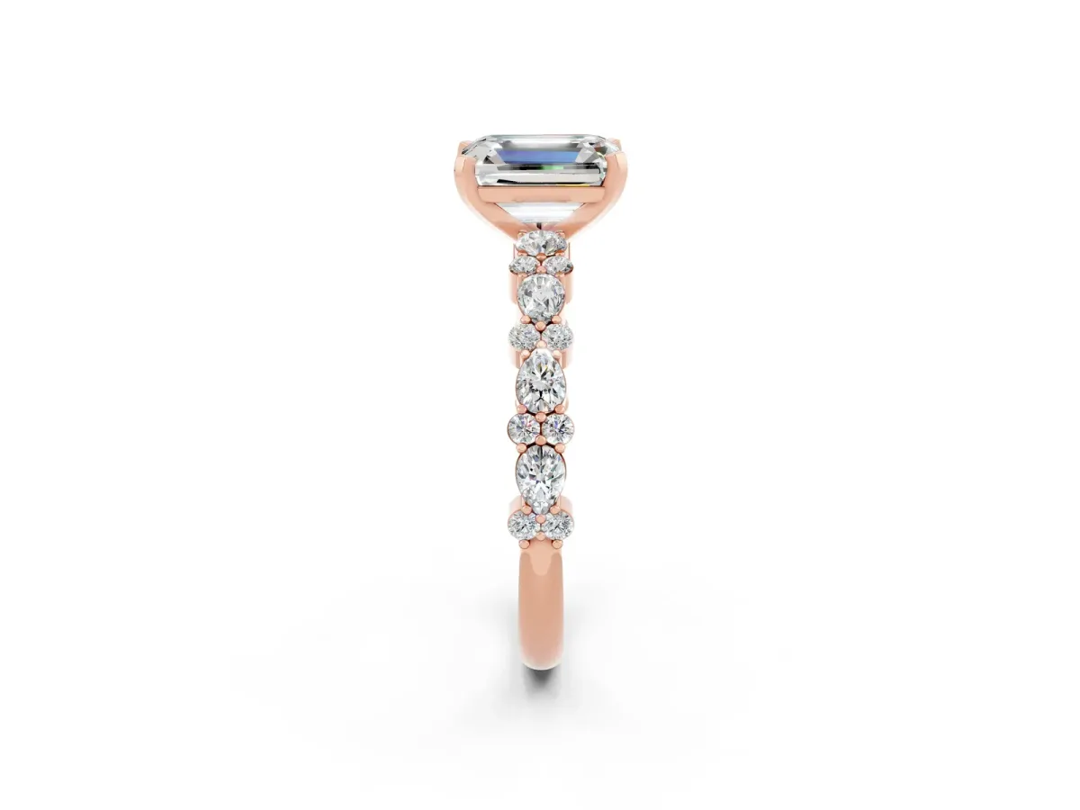 Emerald Cut Moissanite Side Stone Solitaire Ring with Round and Four-Prong Setting Rose gold