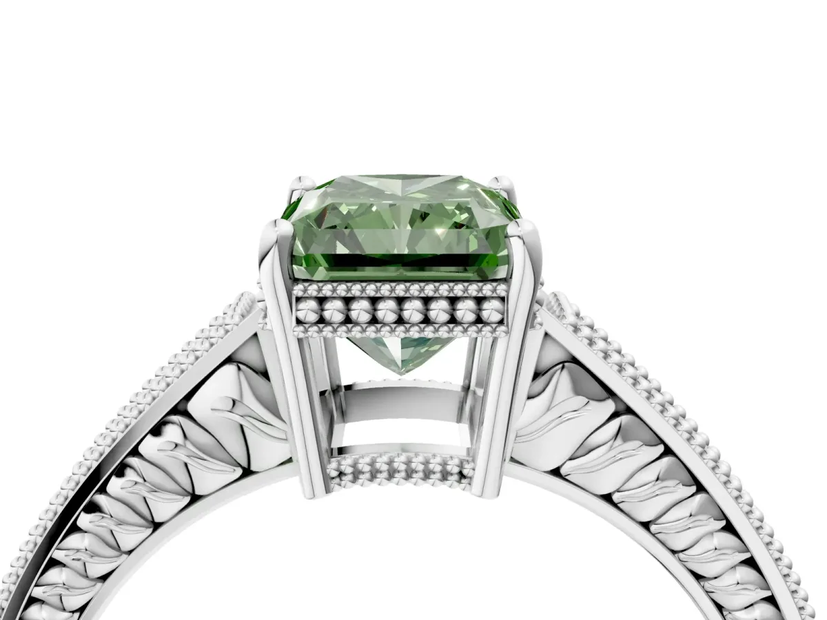 Fancy Green Radiant Cut Cut Diamond Milgrain Pave Band Four-Prong Setting Ring Platinum