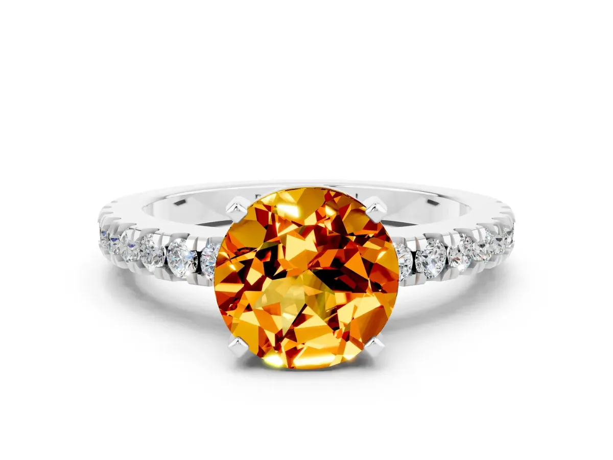 Round Cut Solitaire Citrine with Pavé Band and Four-Prong Setting Platinum