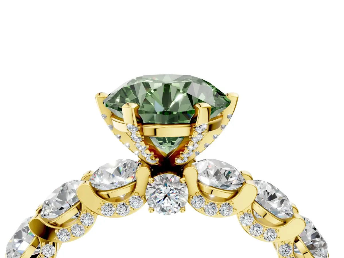 Fancy Green Round Cut Diamond Side Stone Engagement Ring with Four-Prong Setting Yellow gold