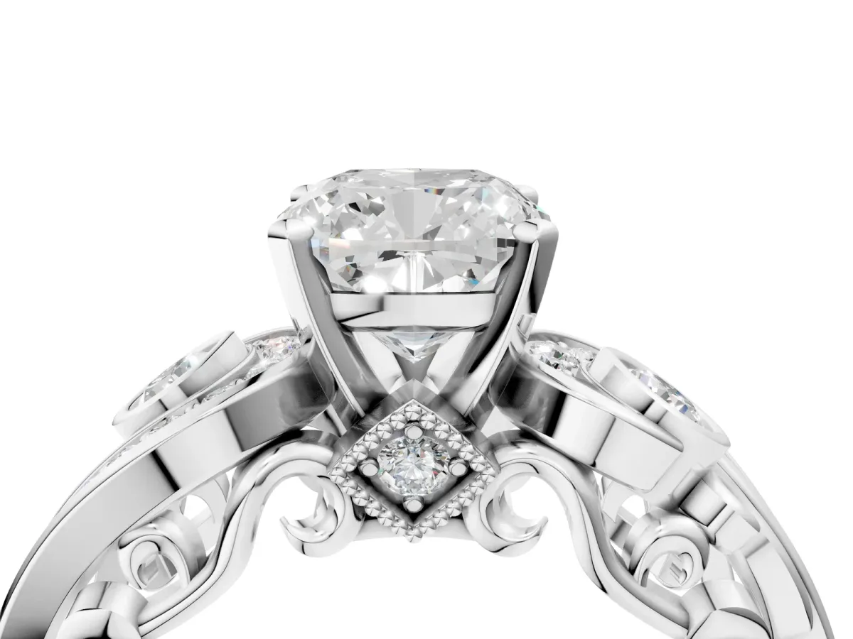 Cushion Cut Diamond Solitaire Ring with Milgrain Pavé Band and Four-Prong Setting Silver