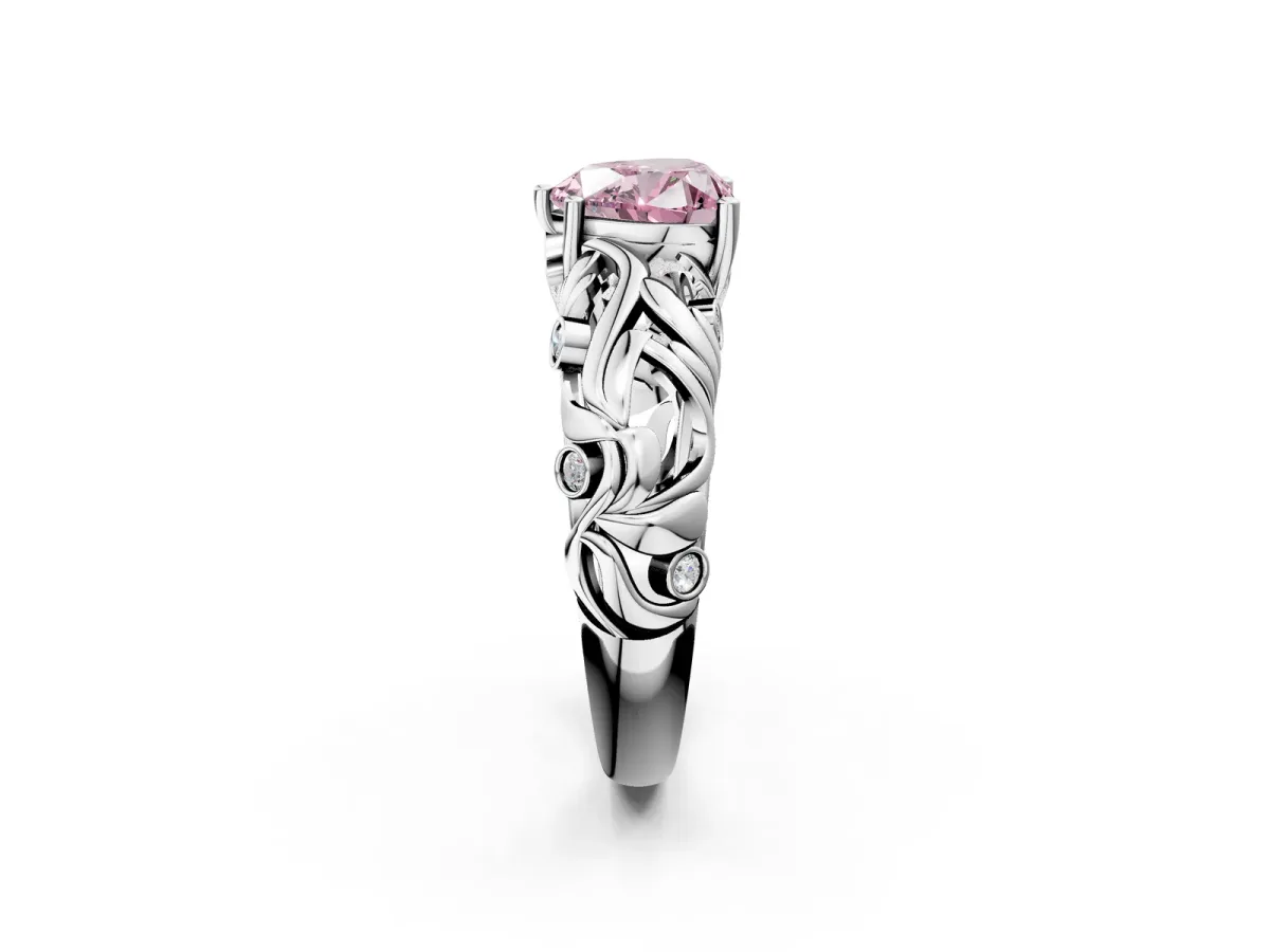 Fancy Pink Heart Cut Solitaire Diamond Leaf-Inspired Vine Band Ring with Prong Setting Platinum