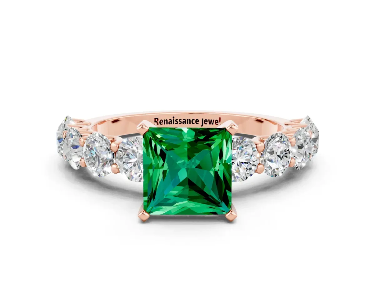 Princess Cut Emerald Prong Setting with Side Stones on a Pave Band Rose gold