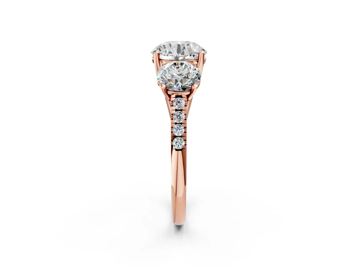 Fancy Blue Three-Stone Round Cut Diamond Ring with Round Pavé Band and Prong Setting Rose gold