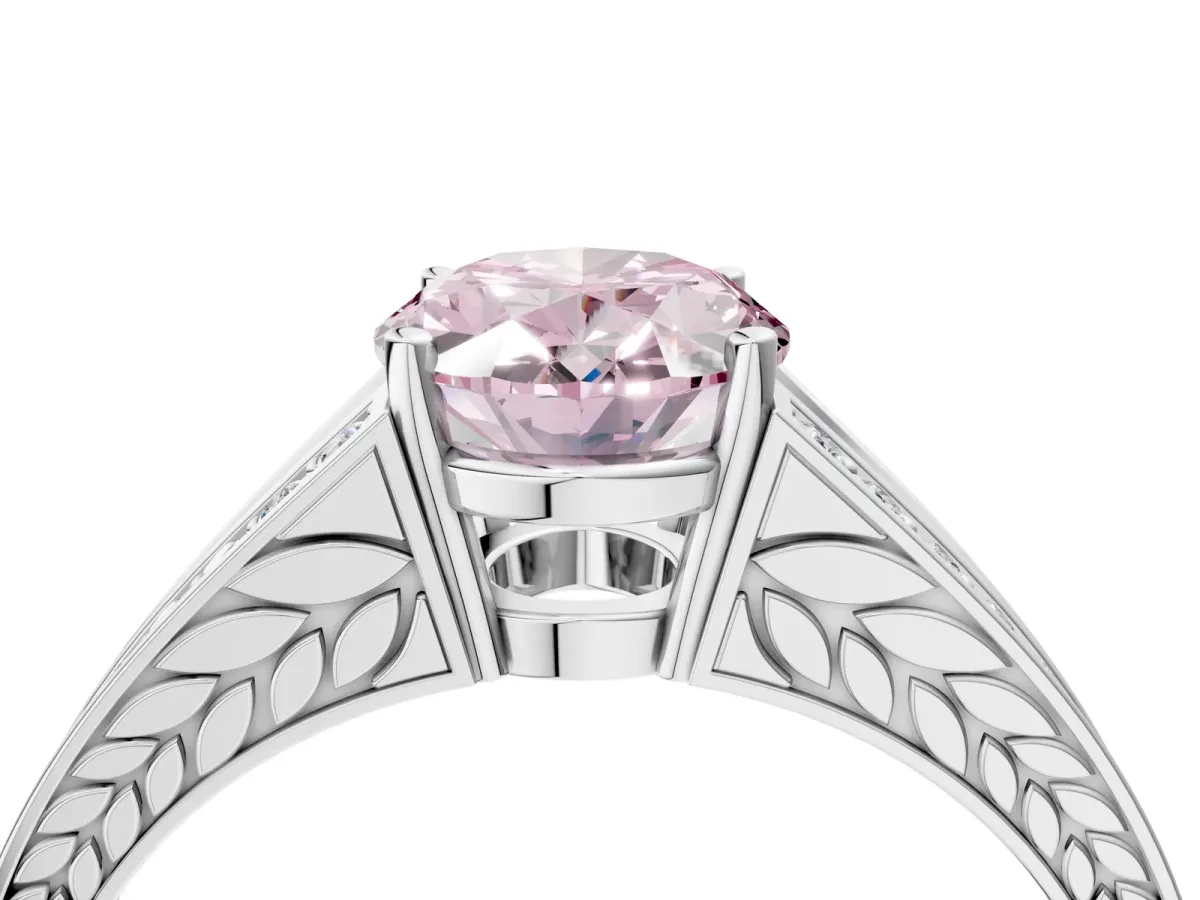 Fancy Pink Oval Cut Diamond Split Shank Ring with Pavé Band and Four-Prong Setting White gold