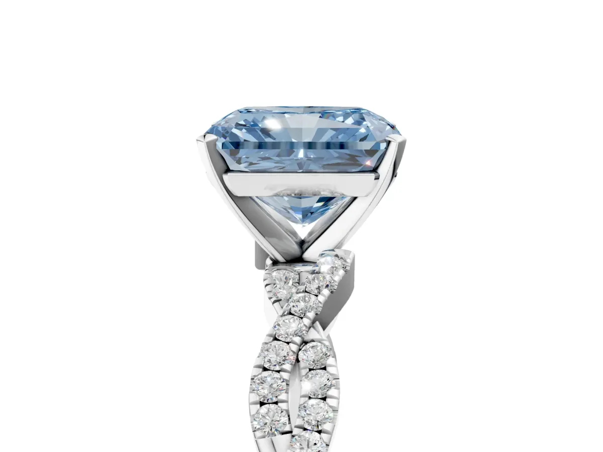 Fancy Blue Radiant Cut Solitaire Twisted Pave Band with Four-Prong Setting Platinum