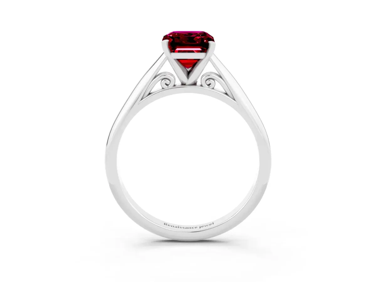Emerald Cut Garnet Solitaire Engagement Ring with Cathedral Setting and Four-Prong Mount White gold