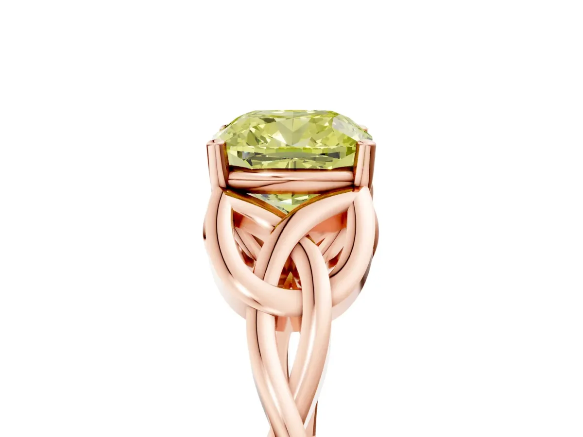 Fancy Yellow Cushion Cut Diamond Solitaire Celtic Knot Ring with Four-Prong Setting Rose gold