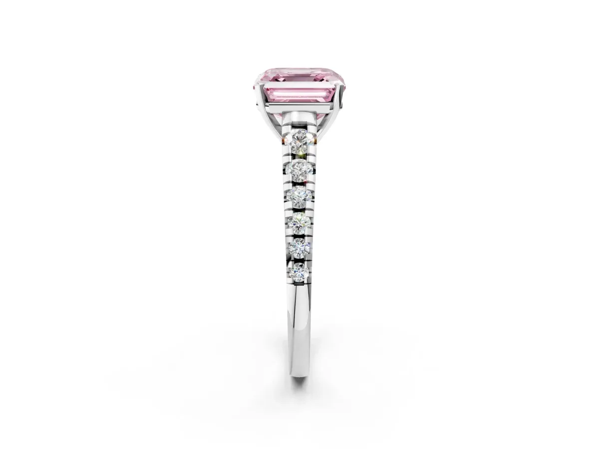 Fancy Pink Asscher Cut Diamond Cathedral Solitaire Ring with Round Pavé Band Platinum
