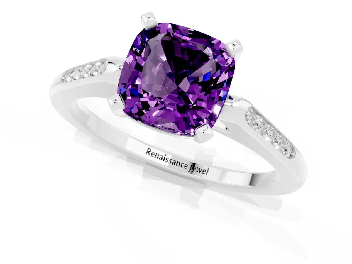 Cushion Cut Amethyst Solitaire Ring with Channel Set Round Band and Prong Setting Silver