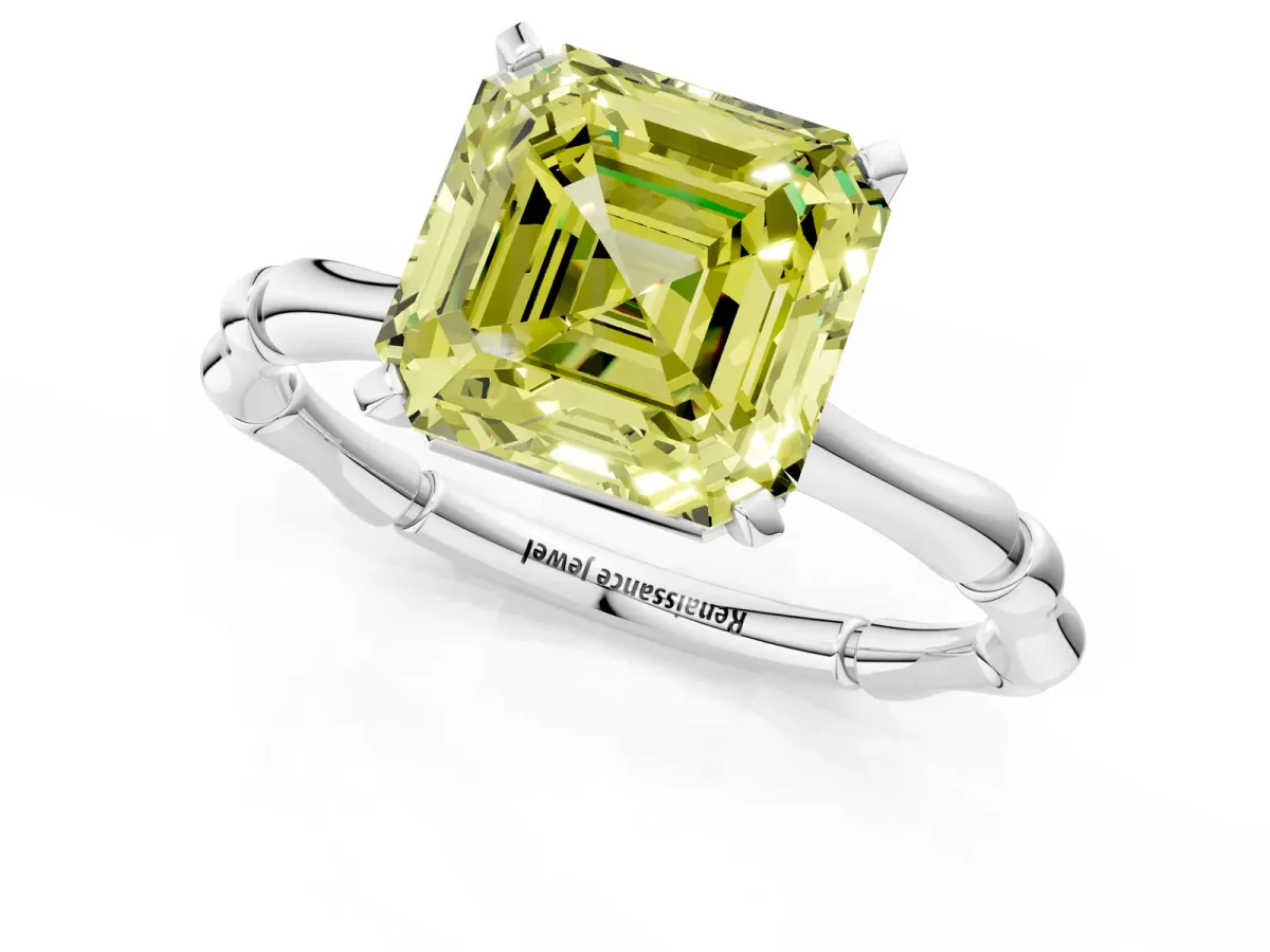 Fancy Yellow Asscher Cut Solitaire Diamond Ring with Bamboo Band and Four-Prong Setting Platinum