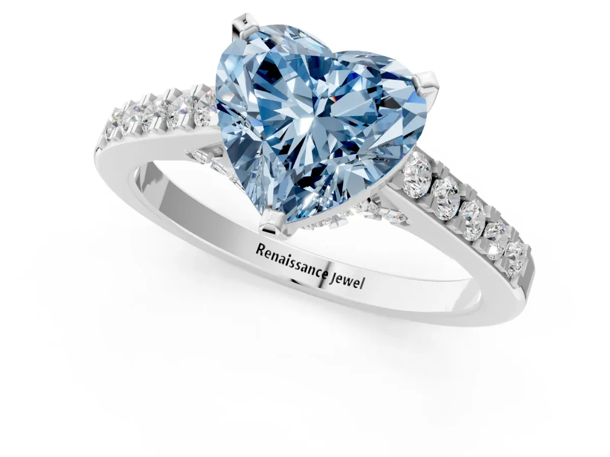 Fancy Blue Heart Cut Diamond Solitaire Ring with Crossover Gallery and Round Pavé Band Silver