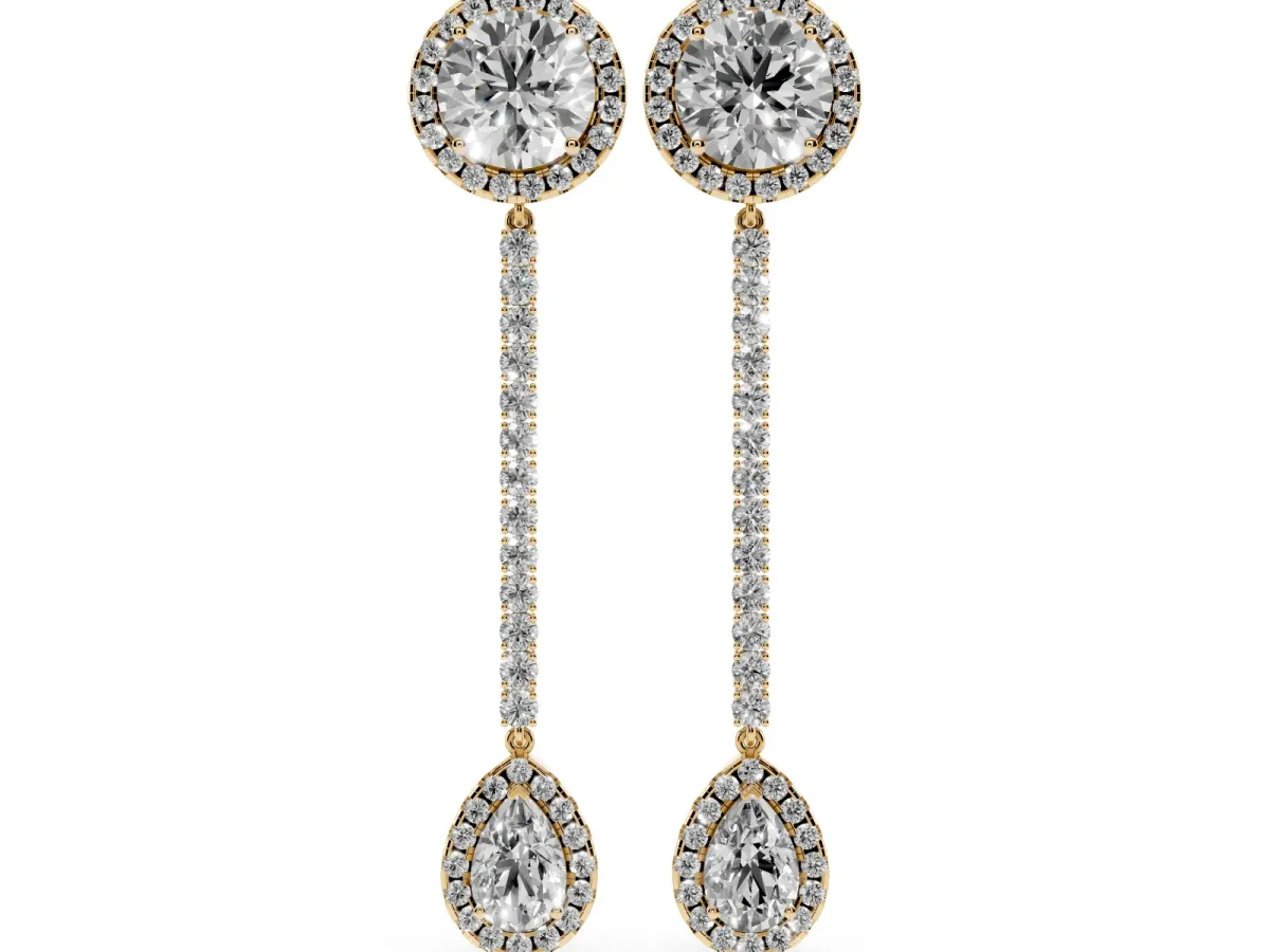 Round and Pear Diamond Halo Drop Earrings Yellow gold