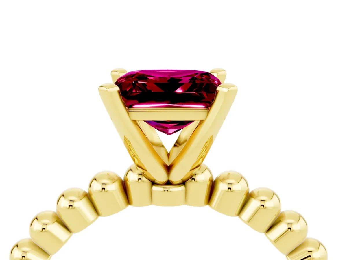 Princess Cut Garnet Solitaire Ring with Beaded Band and Prong Setting Yellow gold