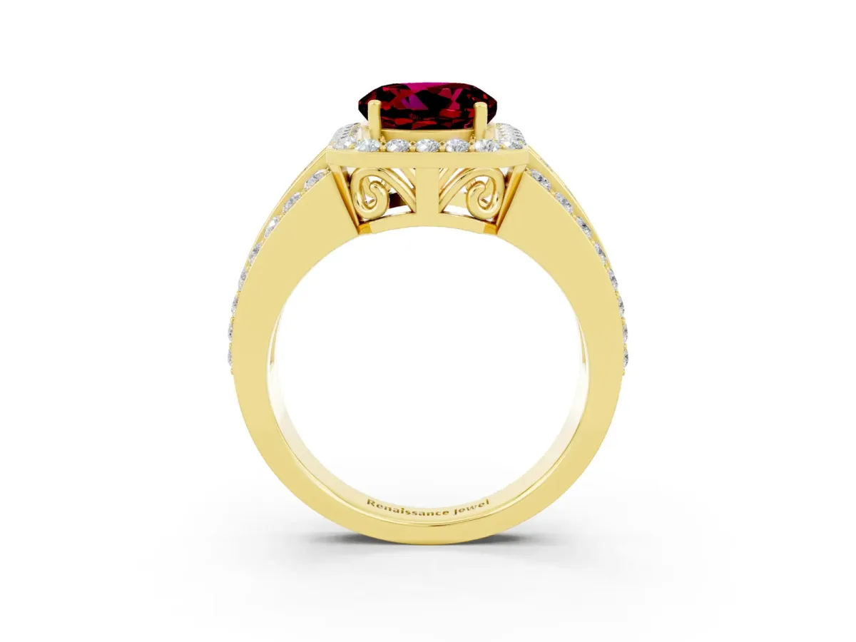 Round Cut Halo Garnet Ring with Round Split Shank and Prong Setting Yellow gold