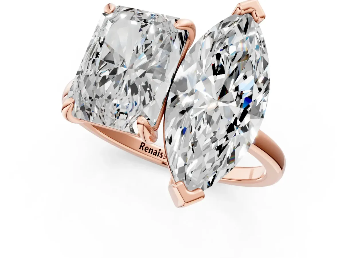 Emerald and Marquise Toi Moi Ring with Prong Setting and Plain Band Rose gold