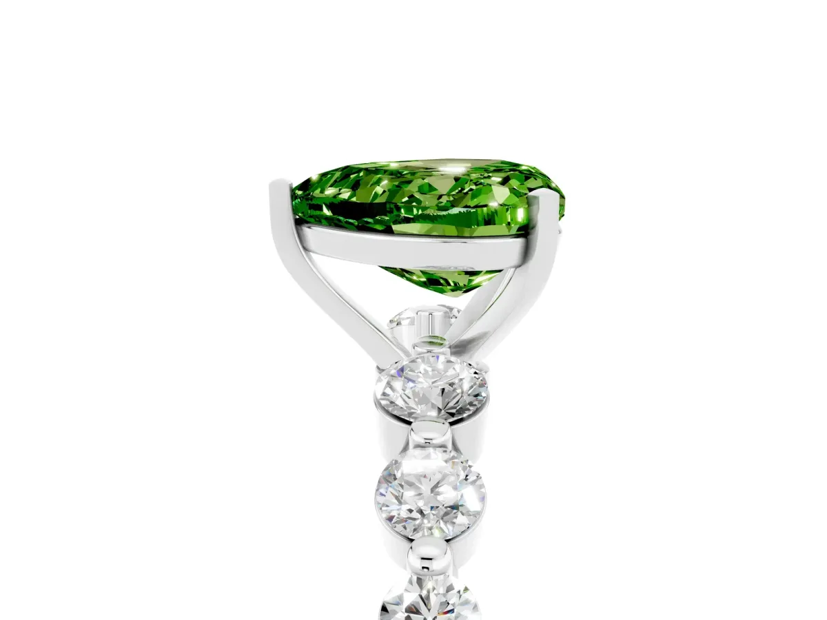 Heart Cut Solitaire Peridot Ring with Pave Band and Four-Prong Setting Platinum